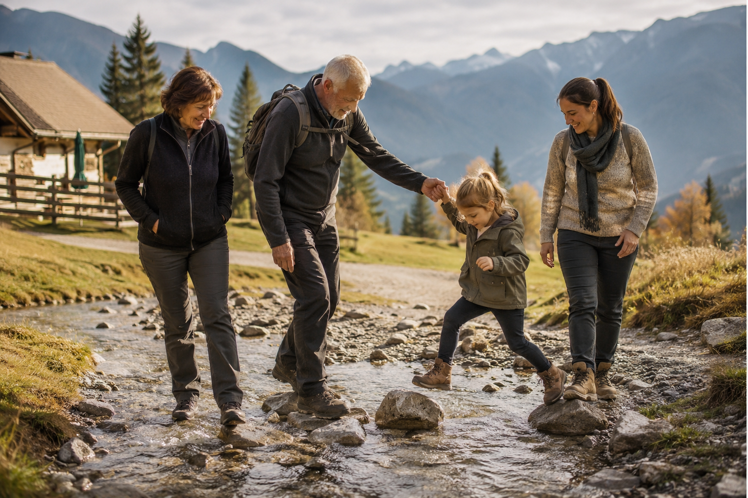 Familie mehrerer Generationen in einer alpinen Landschaft